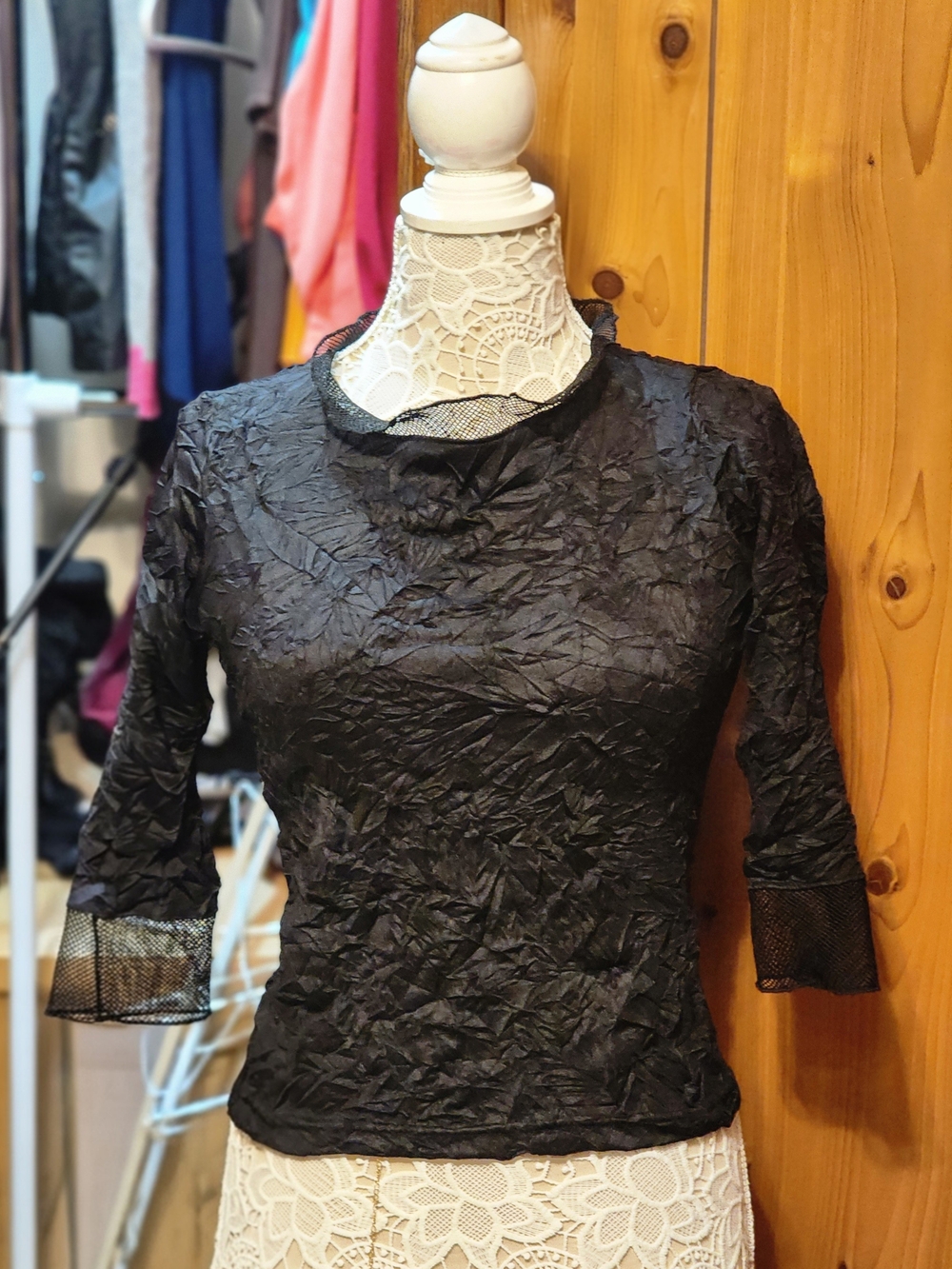 Women's Black Crinkled Mesh-Trim Blouse